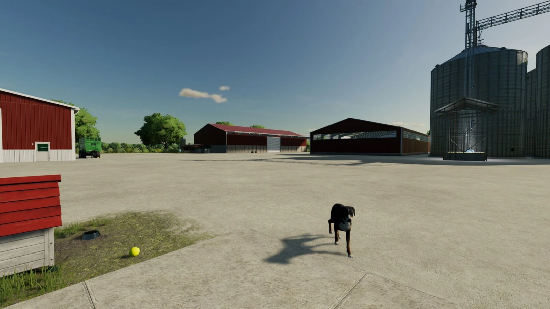 FS22 Lexington Map mod showing farm buildings, a silo, and a dog, enhancing the Farming Simulator 22 gameplay.