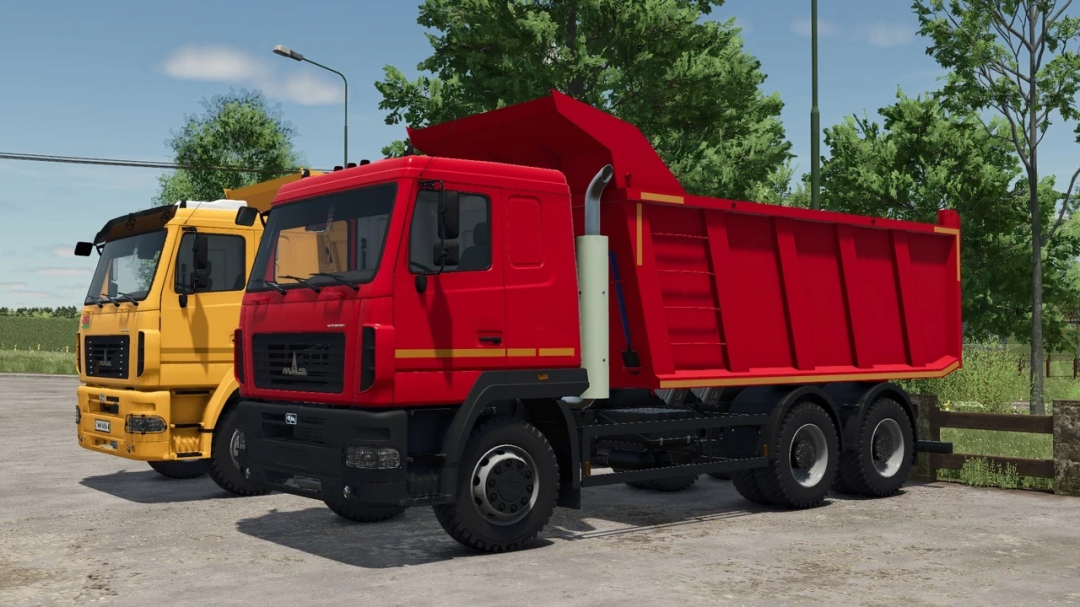 Red MAZ-6501 20m3 truck mod in FS25, parked beside yellow truck.