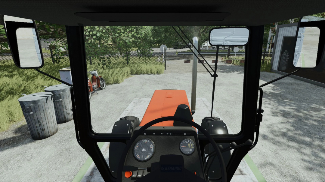 View from MTZ 892 tractor cab in FS25 mod, showing dashboard and side mirrors.