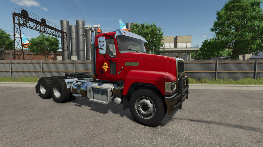 Red Mack truck from Mack Pack v1.0.0.0 mod in Farming Simulator 25, featuring industrial background. FS25 mods showcased.