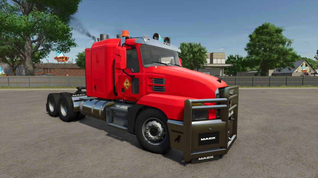 Red Mack truck mod for FS25 set in a rural scene, showcasing the Mack Pack v1.0.0.0 for Farming Simulator 25.