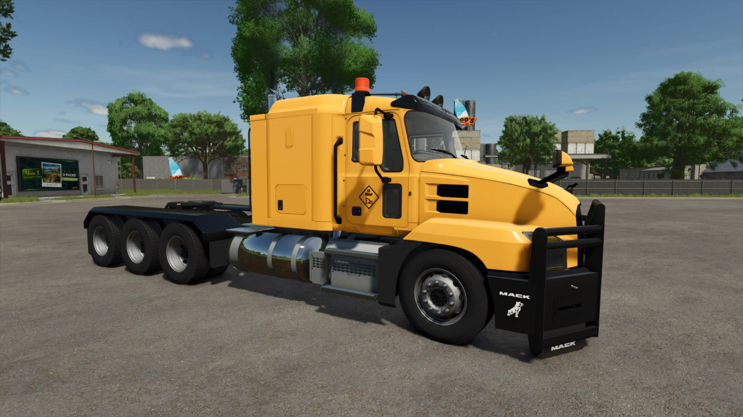 Yellow Mack truck mod in Farming Simulator 25, part of the Mack Pack v1.0.0.0, parked in a rural setting. FS25 mods.