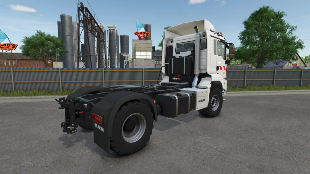 MAN TGS 18.500 truck mod in Farming Simulator 25, showcasing a white chassis against industrial backdrop. FS25 mods.