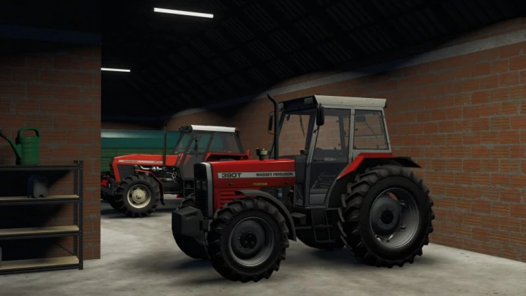 Massey Ferguson 390T HiLine+ tractor mod in a barn in FS25.