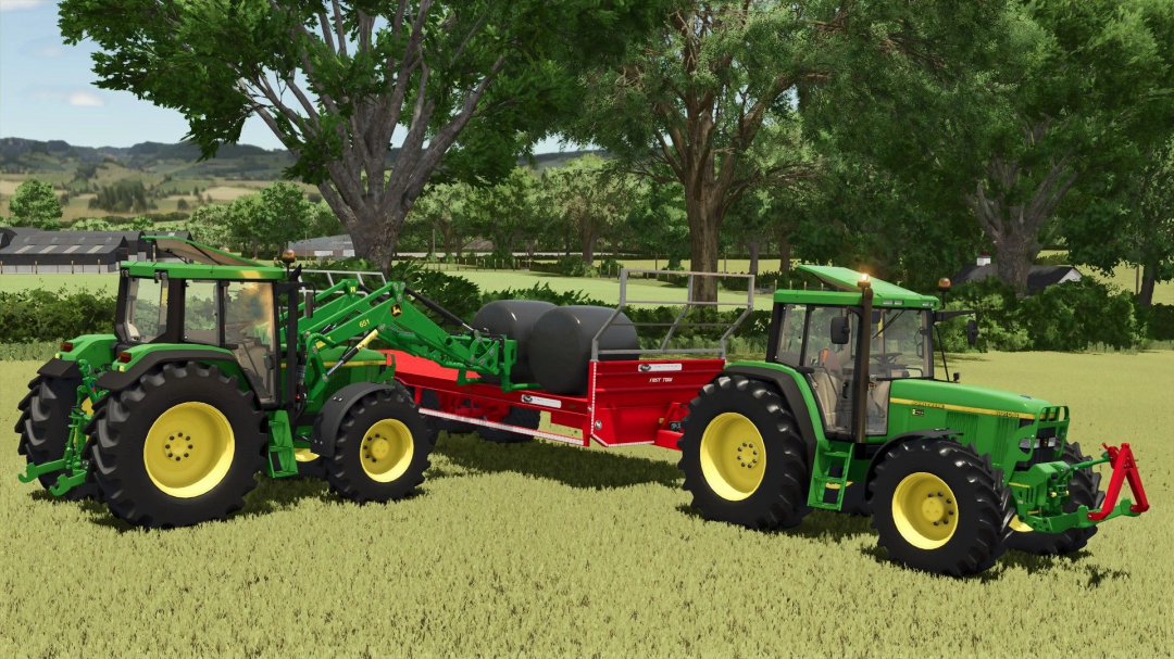 FS25 mod McHale 691 v1.0.0.1 showing two tractors with a bale transporter in a lush field.