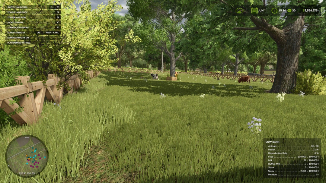 FS25 mod showcasing Medium Cow Barn with wooden fence and increased storage in a lush, green pasture.