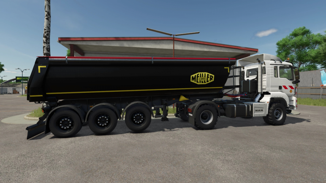 Meiller Half Tube Tipper v1.0.0.0 mod featured in FS25, showcasing a black tipper on a truck in Farming Simulator 25.