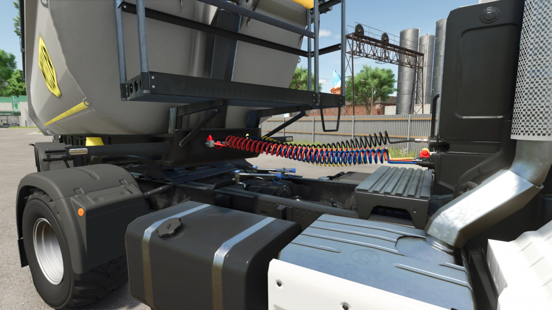 Meiller Half Tube Tipper v1.0.0.0 mod in FS25, showing detailed attachment and hoses setup.