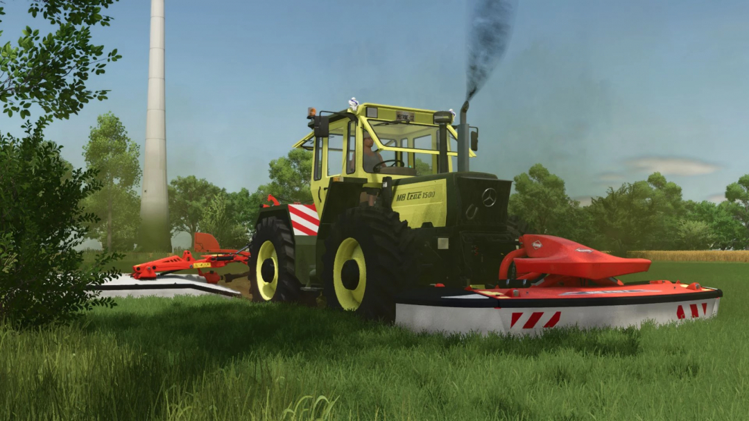 Mercedes Benz MB Trac 1500 mod in FS25 with a mower, set in a lush green field.