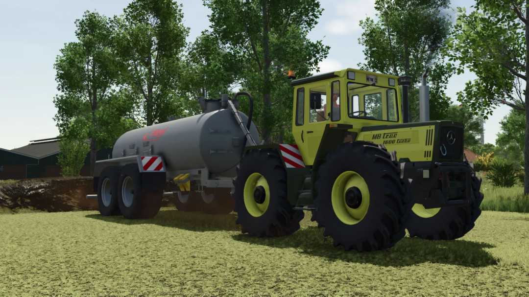 FS25 mod Mercedes Benz MB Trac 1300 - 1800 pulling a tanker in a farm setting.