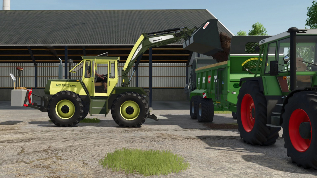 FS25 mod featuring Mercedes Benz MB Trac 1300 unloading dirt into a trailer, showcasing farming simulation.