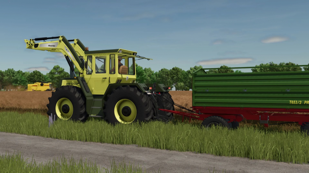 FS25 mod showcasing a Mercedes Benz MB Trac 1300 with a trailer in a field environment.