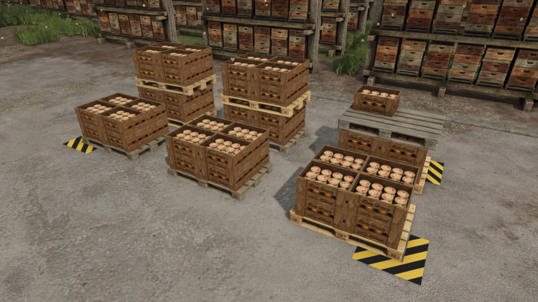 FS25 More Honey Pallet Spawner Options mod showcasing stacks of honey jars on wooden pallets.