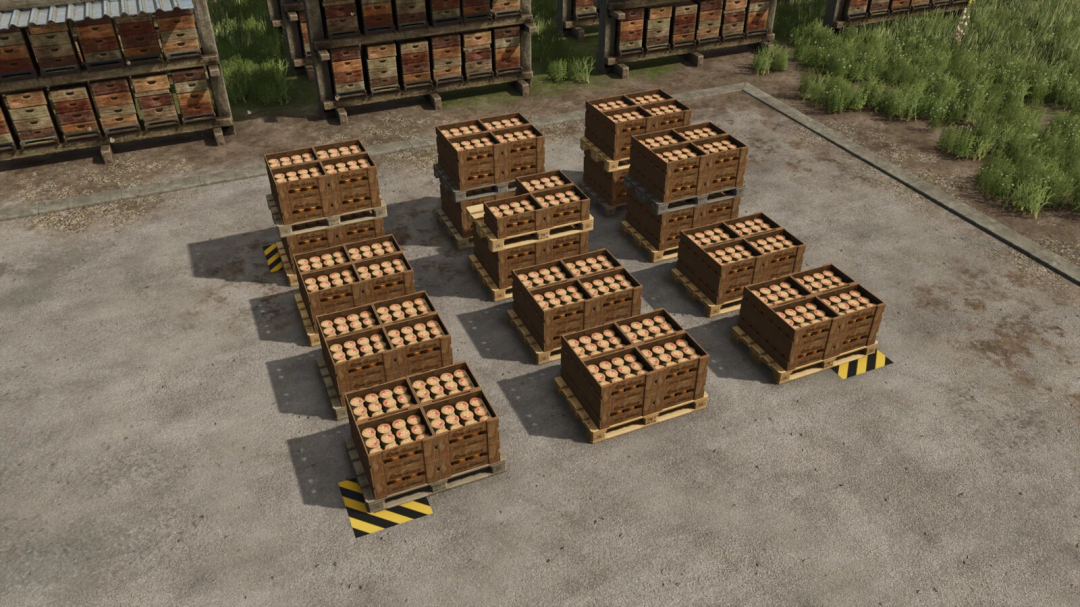 FS25 mod featuring multiple honey pallet stacks on a concrete area, showcasing More Honey Pallet Spawner Options.