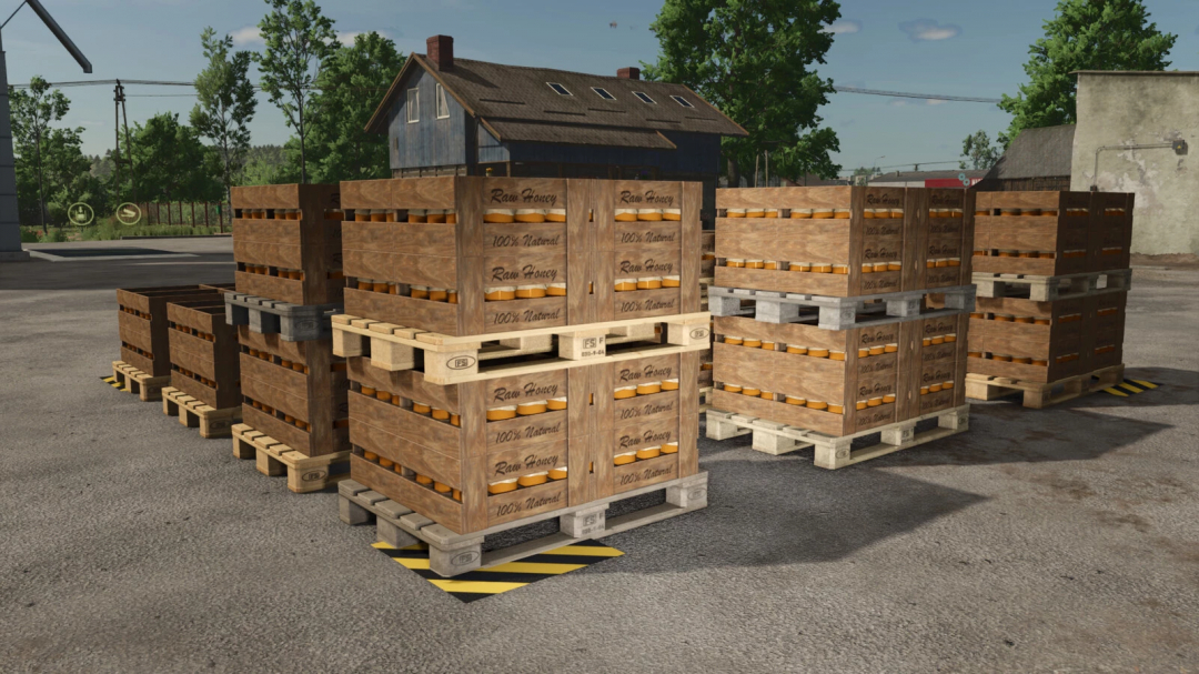 FS25 mods, more honey pallet spawner options mod showing stacked crates of honey jars on pallets.