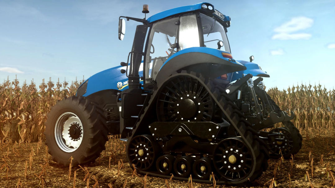 New Holland T8 South America tractor mod for FS25 shown in cornfield, featuring advanced wheels and blue design.