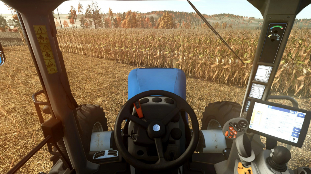 View from inside a New Holland T8 South America in FS25, showing the cab and field landscape.