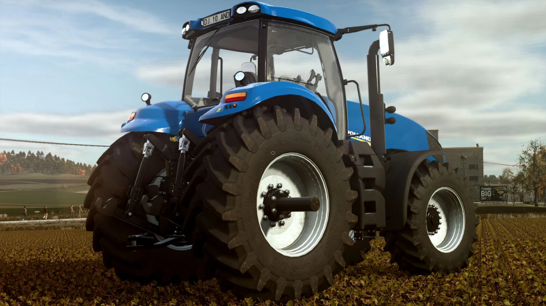 New Holland T8 tractor in FS25 mod, South America version, showcasing large tires on a field.