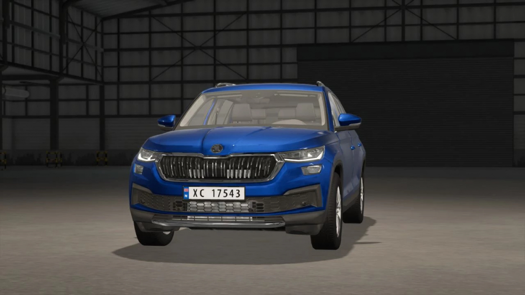 FS25 mod featuring a blue SUV with Norwegian license plates in a warehouse setting.