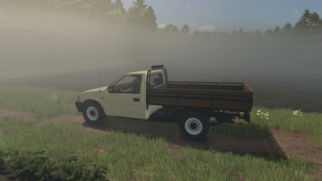 Opel Campo Isuzu Faster 1997 mod in FS25 on a dirt track with misty background.