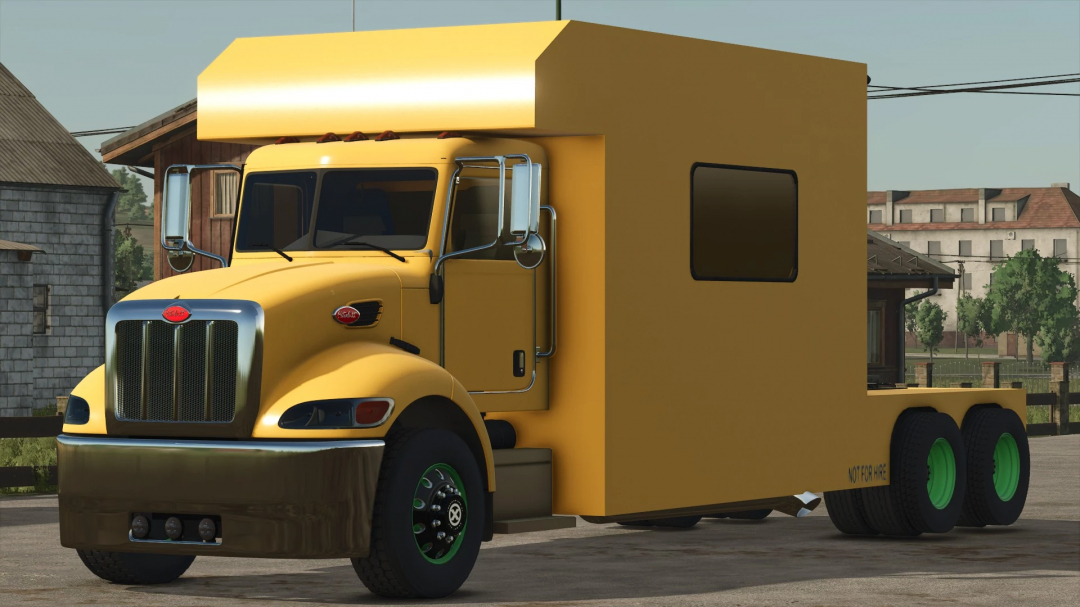 FS25 mod Peterbilt Toter v1.0.0.0 showcases a yellow truck with an extended cab, designed for Farming Simulator 25.