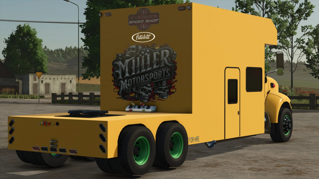 FS25 mod Peterbilt Toter v1.0.0.0 features a yellow truck trailer with Miller Motorsports graphics.