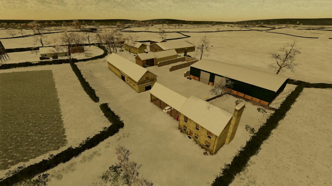 Snow-covered farm buildings in Pidnell Map for FS22 mods, showcasing winter landscape in Farming Simulator 22.