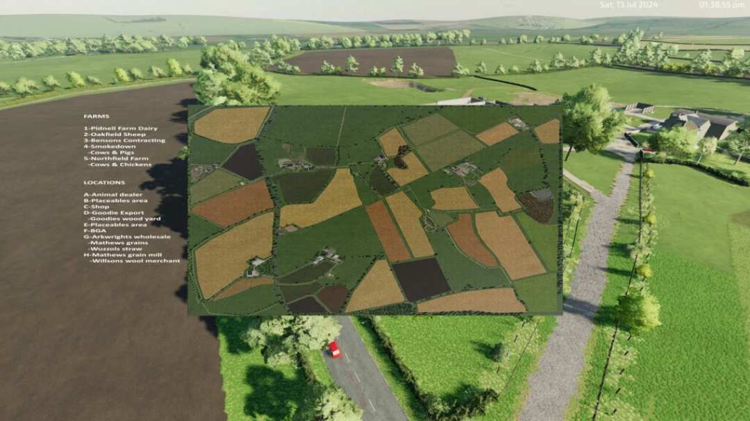 FS22 Pidnell Map v1.0.0.0 image showing a detailed farm layout and locations including farms and dealer points.