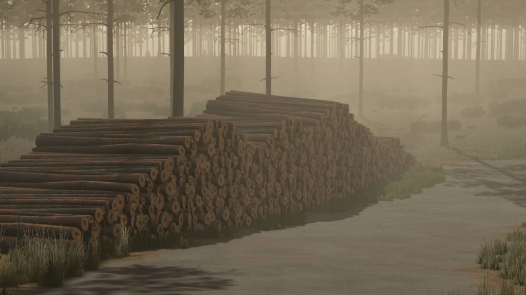 FS25 mod Pinewood Forest v1.2.1.0 showing stacked logs in a misty forest setting.