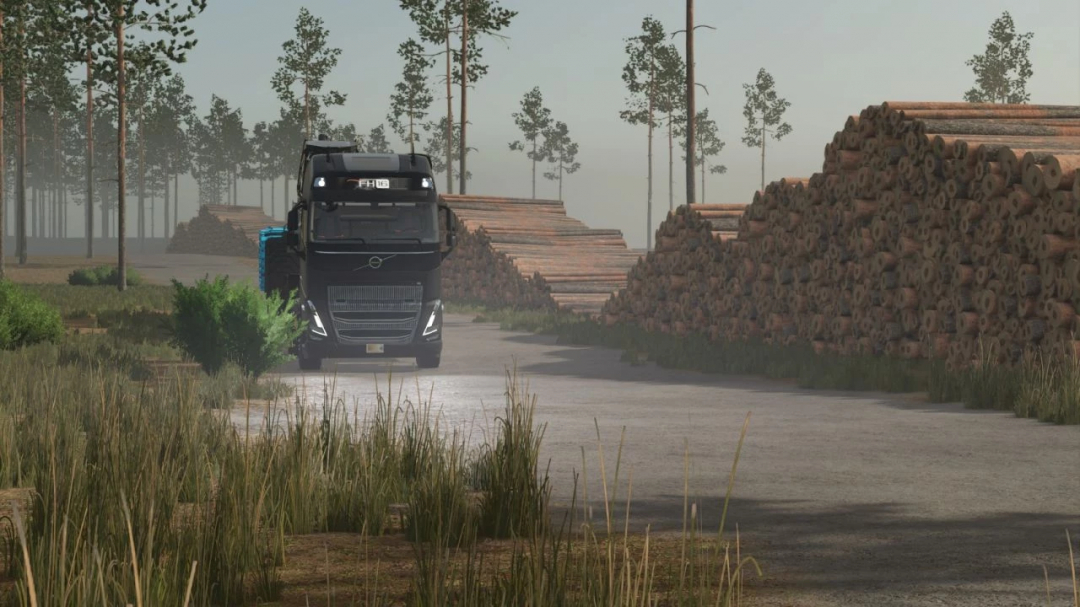 FS25 mod Pinewood Forest v1.2.1.0: Truck in a logging area with stacked timber.