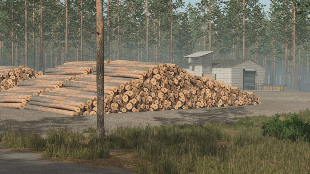 FS25 mod Pinewood Forest v1.2.1.0 image showing stacked logs and a cabin in a dense pine forest.