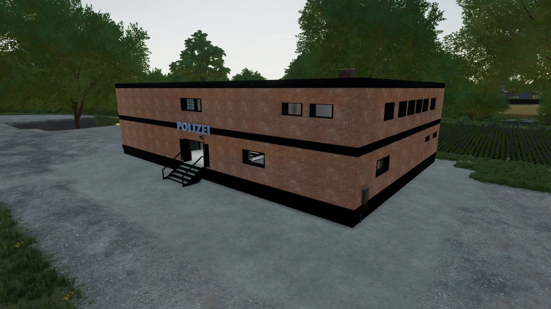 FS25 mods: Police station v1.0.0.0 building with brick facade and 'POLIZEI' sign, surrounded by trees.