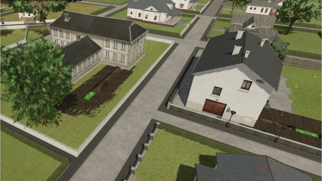 Aerial view of buildings and roads in Public Works Map Beta 2 for FS25, showcasing urban infrastructure in Farming Simulator 25 mods.