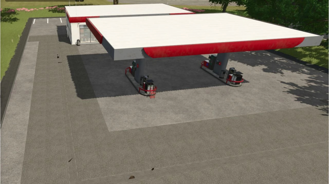 FS25 Public Works Map Beta 2 v1.0.0.0 showing a fuel station with red and white canopy.