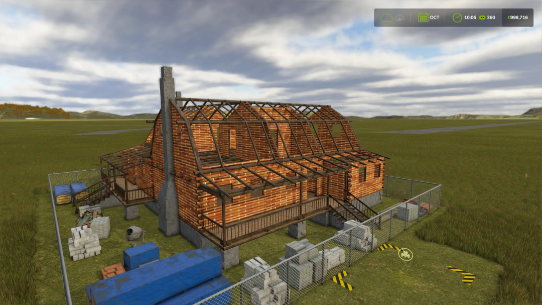 Redbrick house under construction in FS25 mods, showcasing building materials and framework.