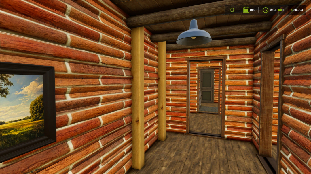 Inside view of a redbrick house mod in FS25, featuring detailed wood and brick textures, part of Farming Simulator 25 mods.