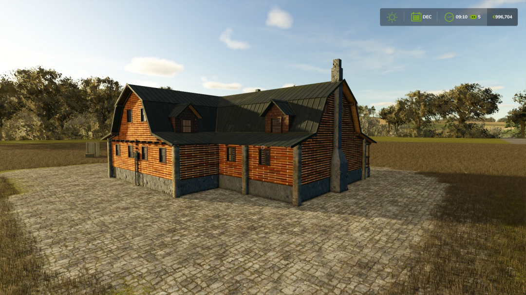 Redbrick house mod for FS25, showing a two-story building on a cobblestone courtyard in Farming Simulator 25.