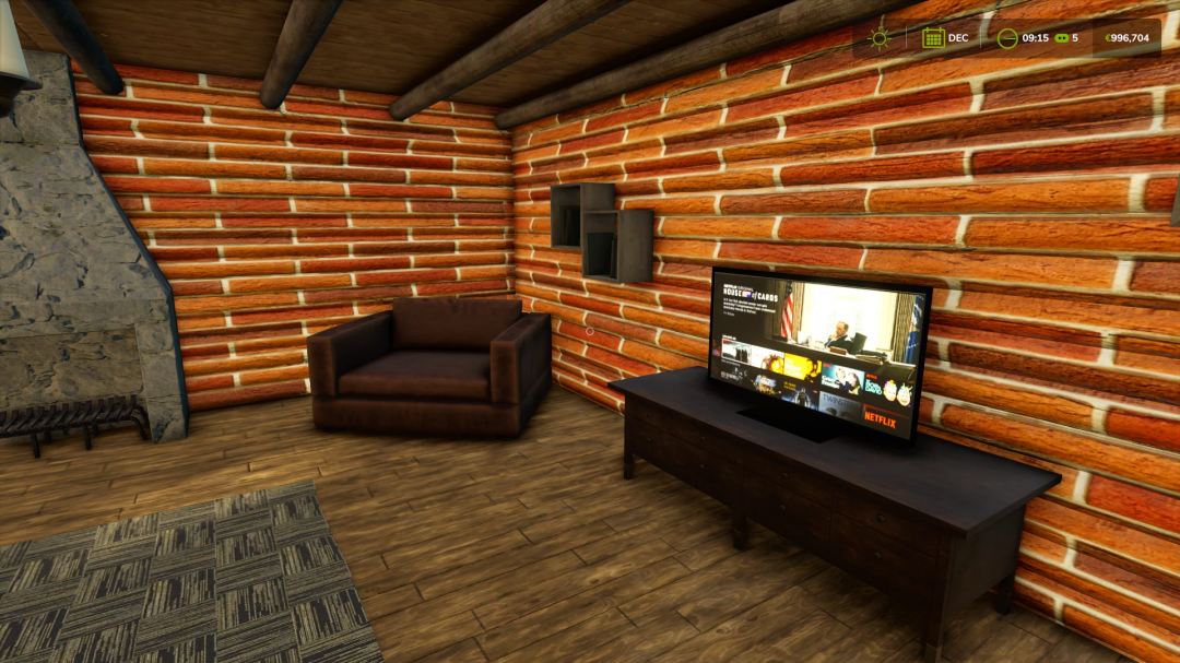 FS25 mod Redbrick House to Build with cozy interior, brown armchair, TV showing streaming service, wooden floor, and brick walls.