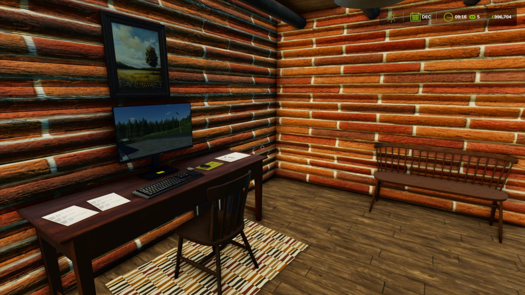 Interior of redbrick house mod in FS25 with a desk, computer, chair, and wall art. Farming Simulator 25 mods.