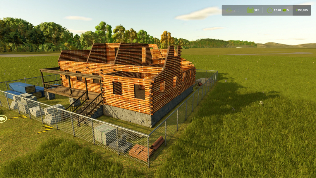 FS25 mod Redbrick House under construction in a grassy field