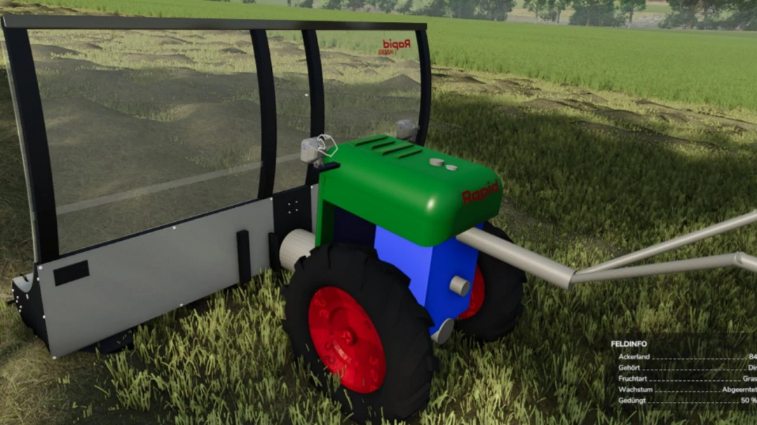 FS25 mod Rapid Special v1.1.1.1 showing a small tractor attachment in a grassy field.