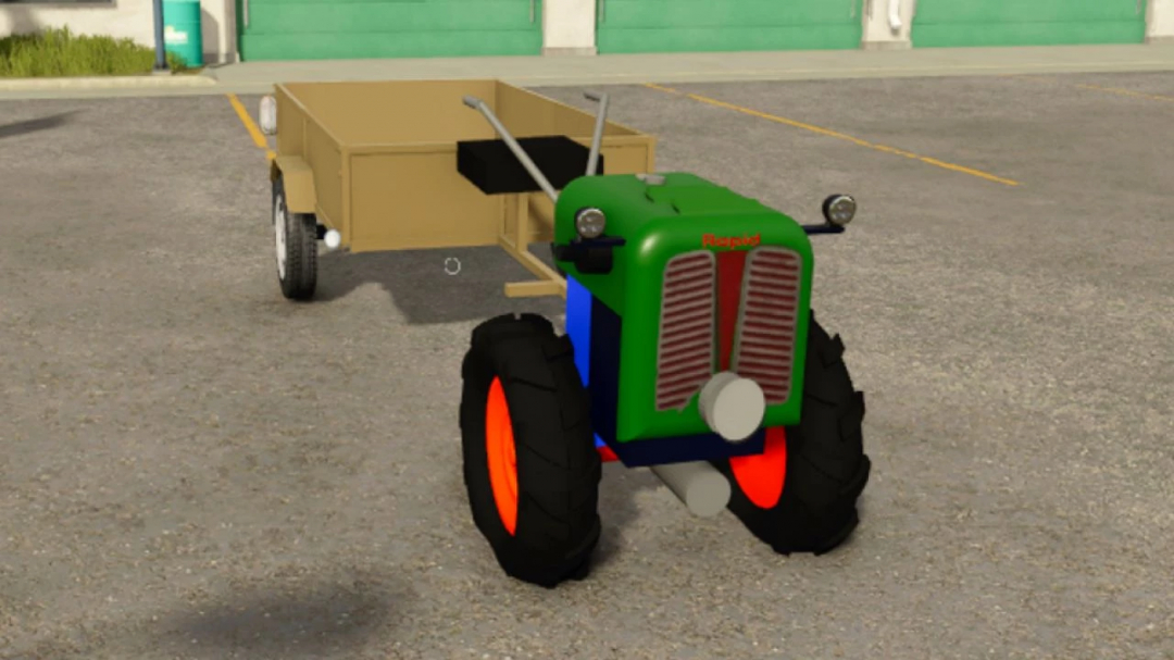 Rapid Special v2.1.0.0 mod for FS25 showing a small green tractor with trailer in Farming Simulator 25.