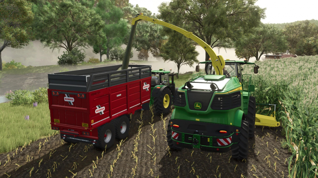 FS25 mods: Redrock 20T Trailer v1.0.0.0 in use behind a forage harvester in a field.