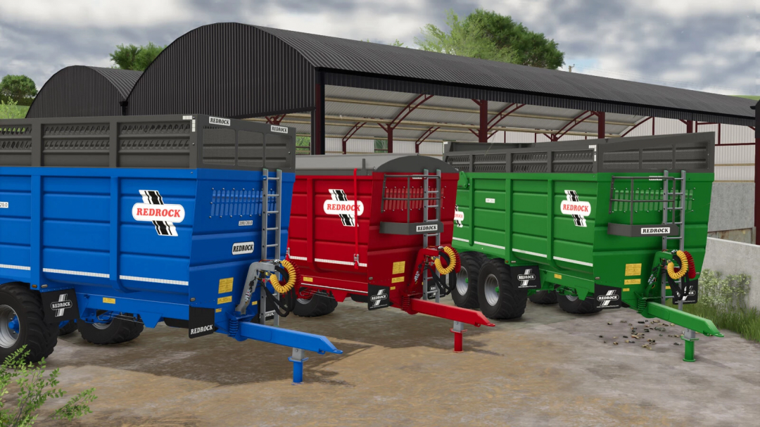 Redrock 20T Trailer in blue, red, and green for FS25 mods under a shed. Farming Simulator 25 mods.