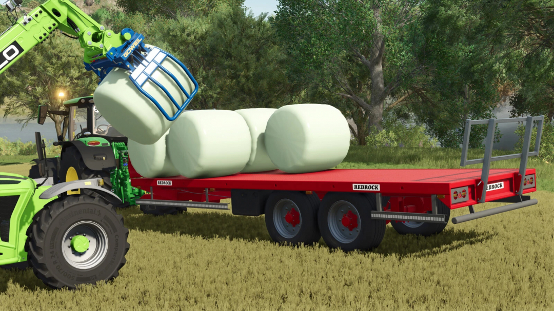 FS25 mod Redrock 24ft Bale Trailer transporting wrapped bales with tractor in Farming Simulator 25.