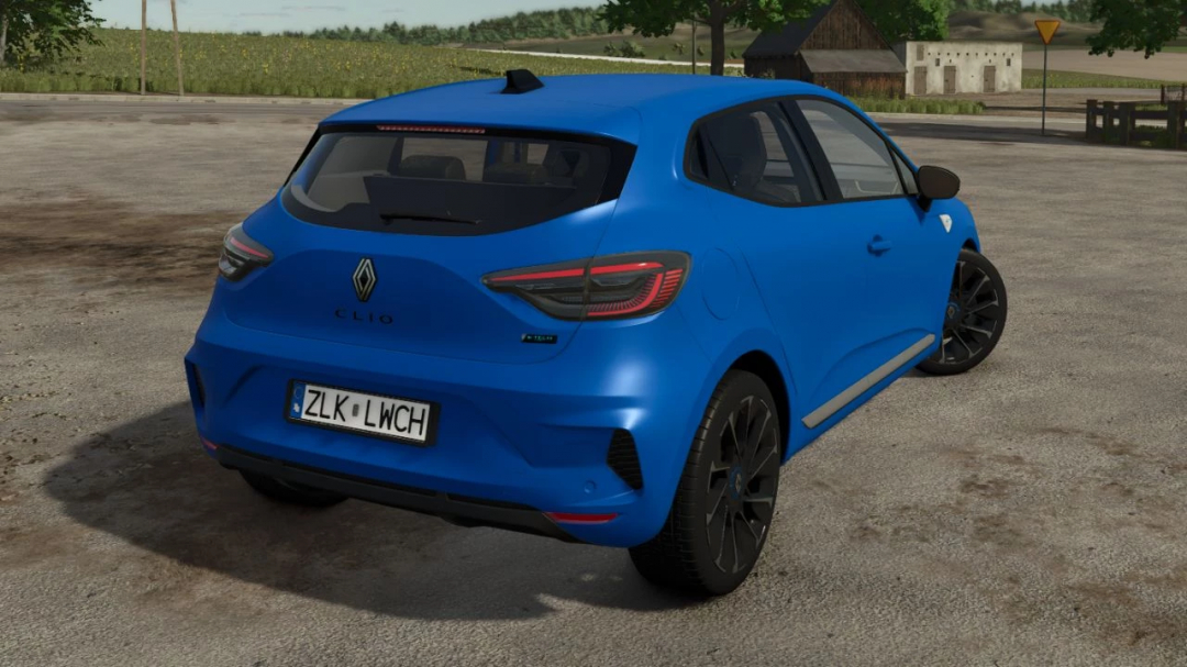 Blue Renault Clio 5 mod in FS25, rear view showcasing design details. Farming Simulator 25 mods.