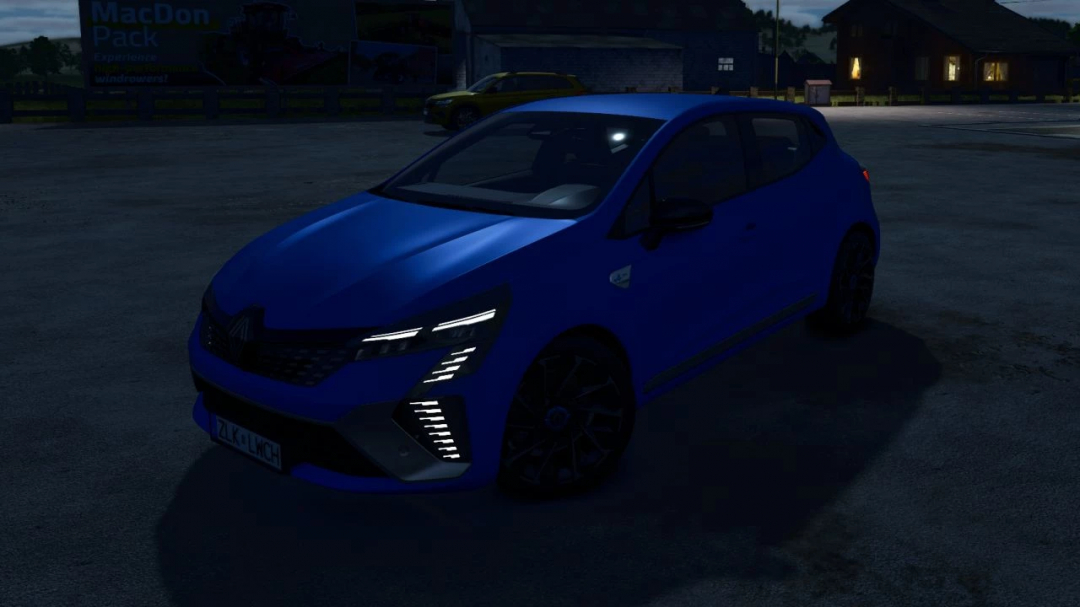 Renault Clio 5 mod in FS25, showcasing a blue car model at night with headlights on.