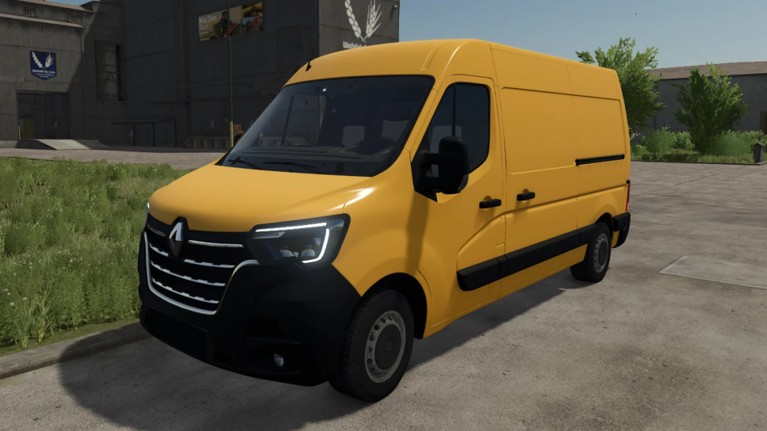 Yellow Renault Master van mod in FS25, version 1.0.0.0, parked on a farm.