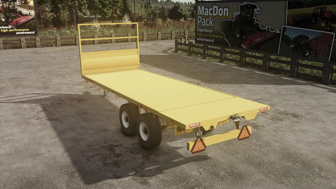 Yellow Rigual PLT600 Platform for FS25 mods, showcasing a new flatbed trailer in Farming Simulator 25.