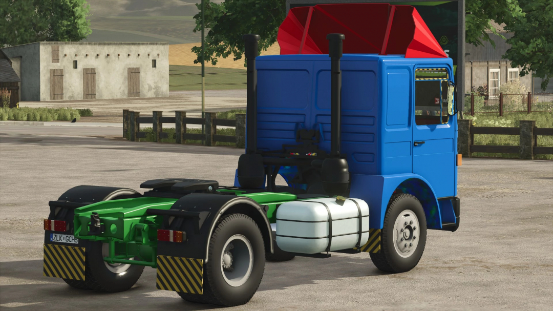 FS25 mod Roman Dac v1.0.0.0 featuring a colorful truck in a rural setting.